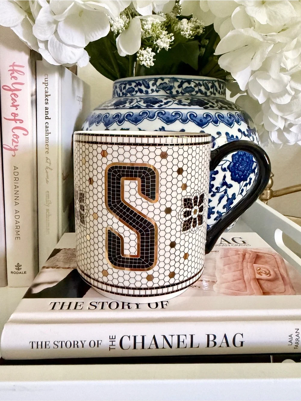 Anthropologie Navy and White Ceramic Mug with Classic Motif